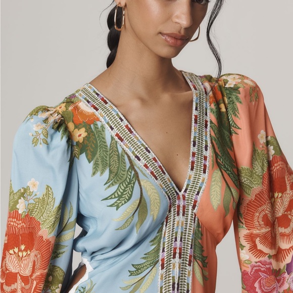 FARM Rio Dresses & Skirts - NWT FARM Rio x Anthropology Long Sleeve V-Neck Blue Maxi Floral Dress Size XS